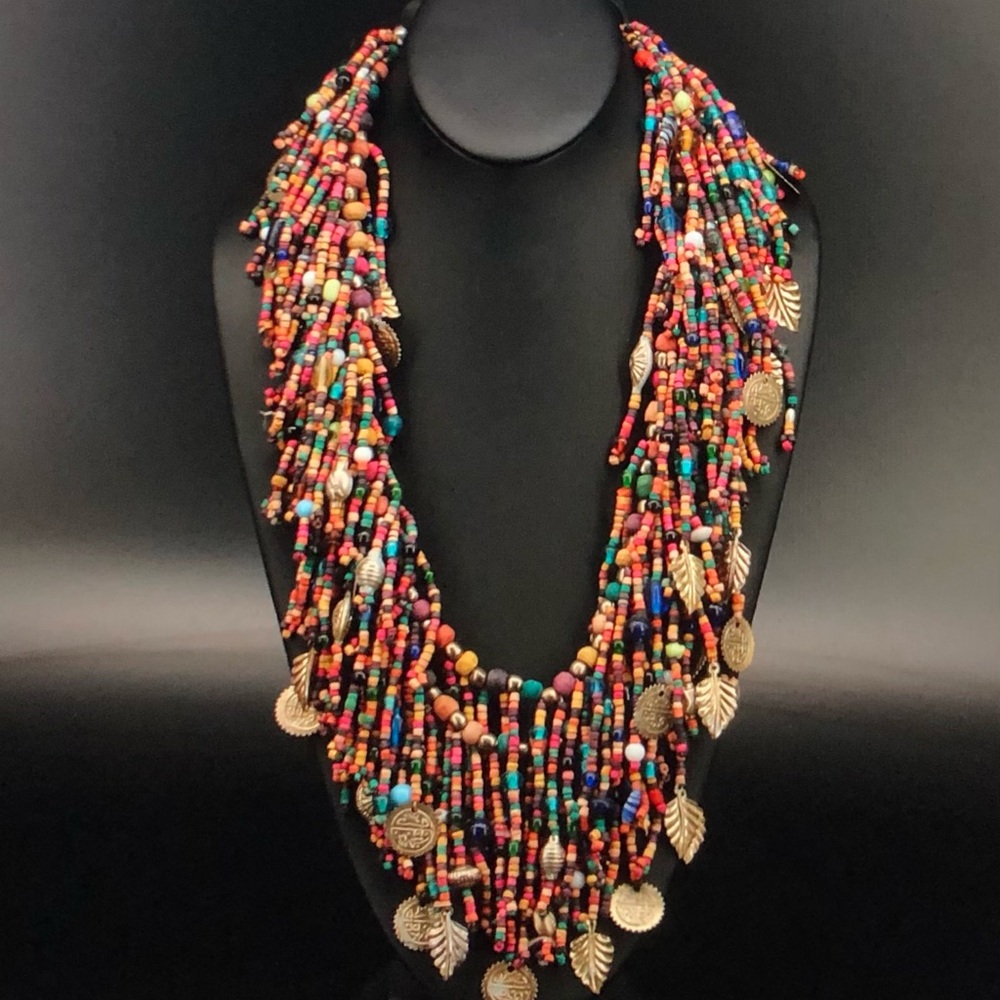 #0128 Necklace-Gorgeous & Unique Wood & Glass Bead Double Strand Fringe Necklace